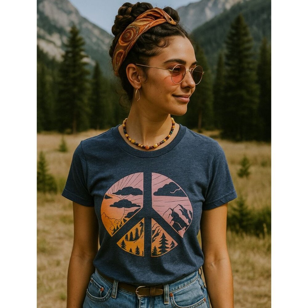 Free State Med Shirt Peace Sign Mountain Sun Graphic Tee Minimalist Hippie Love